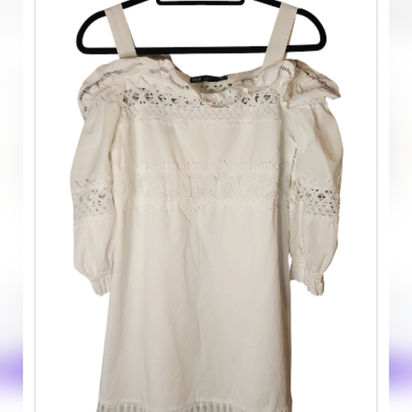Ina Anthropologie Dress White Off Shoulder Embroidered Med Coastal Cottage Core - Picture 5 of 13